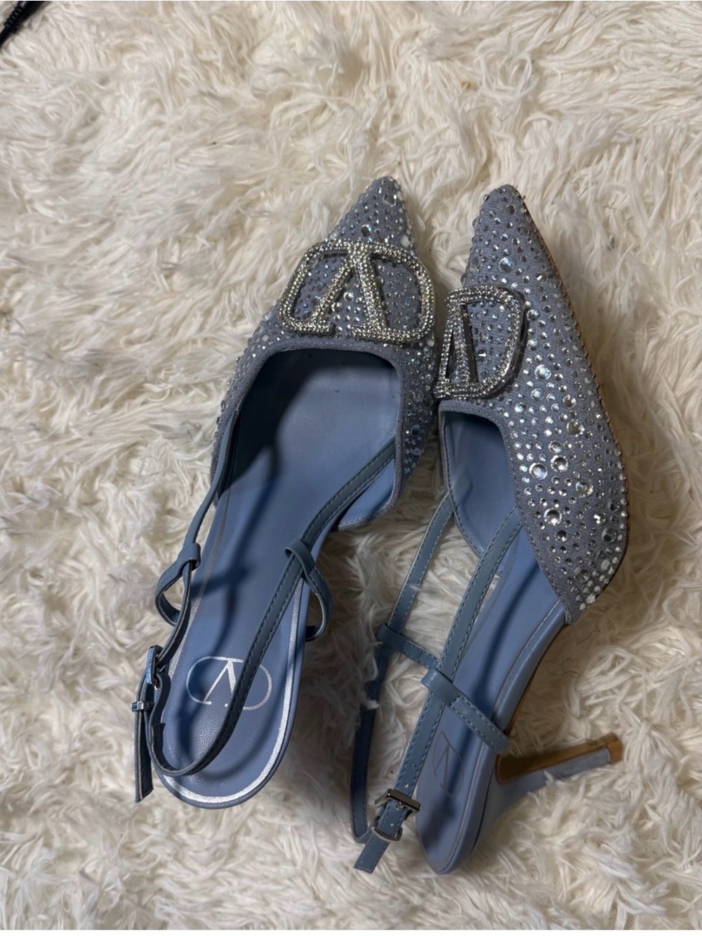 Valentino Crystal-Embellished Pointed Slingback Heels in Light Blue size 38